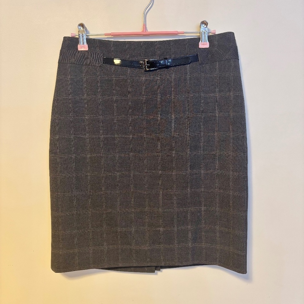 Ann Taylor Pencil Knee Length Skirt Belted Checkered Dark Grey Womens 4 Petite